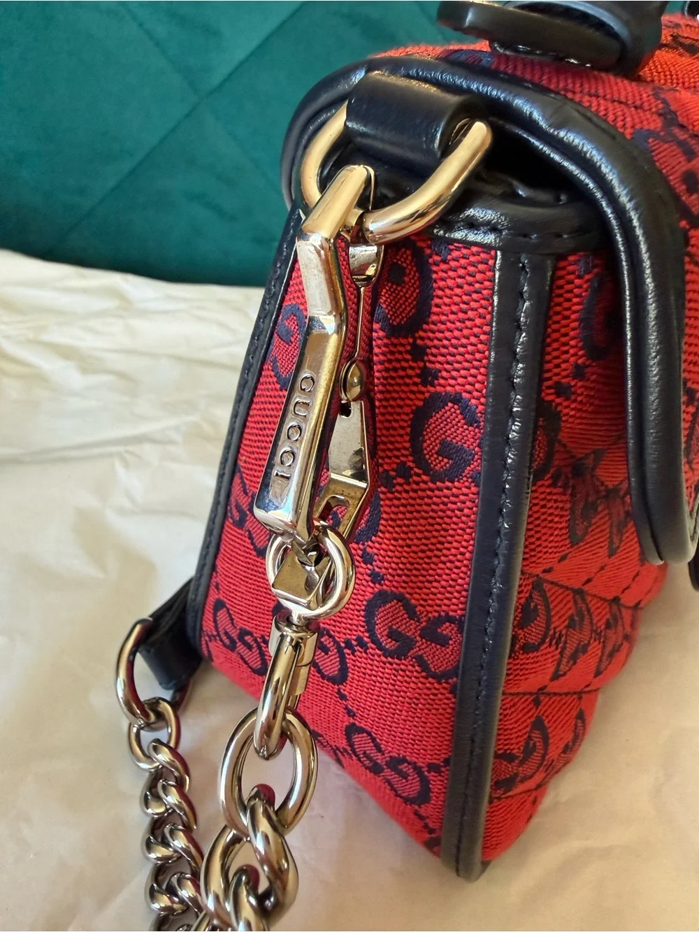 Gucci Red and Navy GG Top Handle Satchel with Chain